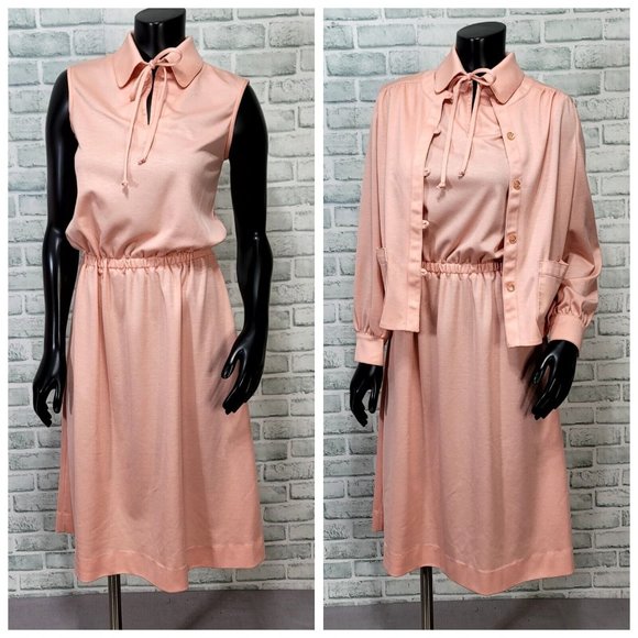 Vintage Dresses & Skirts - Vintage 70s Butte Knit S/M Peach Pink Day Dress & Jacket Polyester Outfit Set
